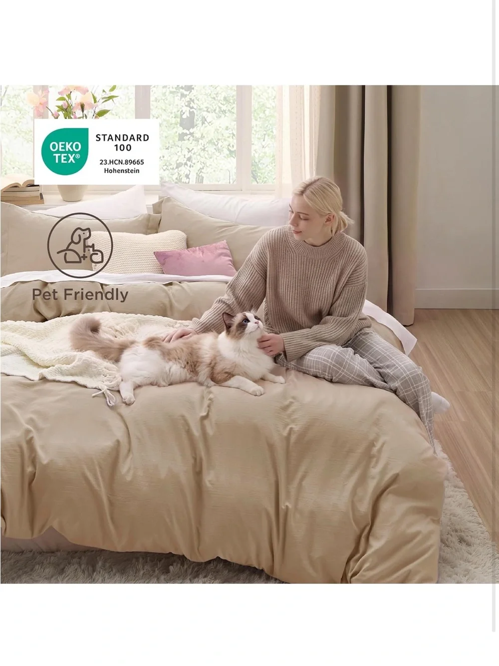 NEW Bedsure Prewashed Duvet Cover Set Queen, Cotton-Like Bedding, Light Brown